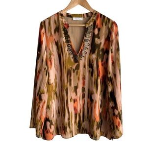 Calvin Klein Flowy Artsy Top Womens L Earth Tones Wide Sleeve Tunic Boho Shirt